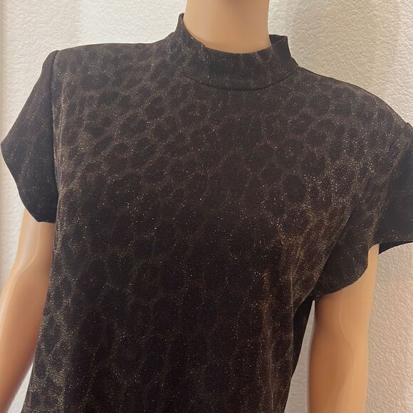 Summer Nites Dress 14 Animal Print Gold Shimmer Metallic Maxi Evening Back Slit - Picture 3 of 9